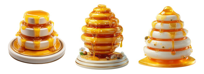 Delicious Honey Dripping from Stack of Plates on Transparent Background