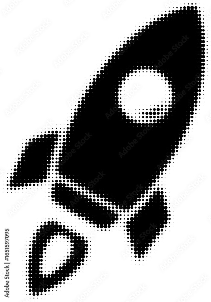 Poster halftone black rocket icon with circular patterns