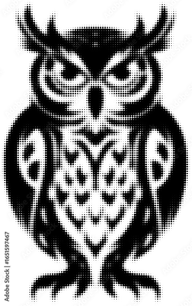 Poster halftone owl in black and white with intricate pattern and sharp gaze