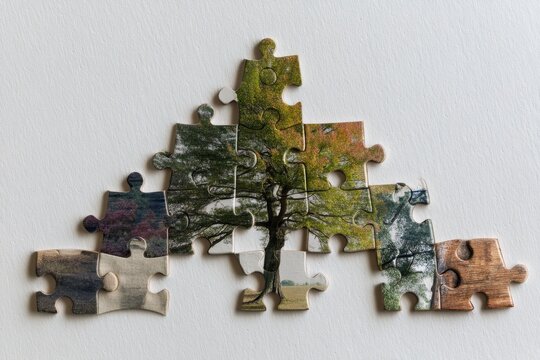 A collection of jigsaw puzzle pieces arranged to form a tree in autumn