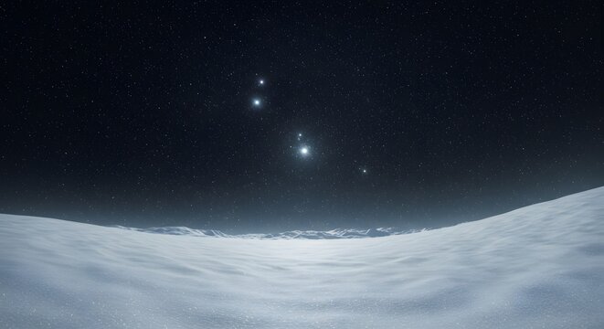 Snowy landscape under a starry sky three prominent star clusters visible