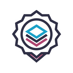 Abstract layered icon with blue and pink diamond shapes inside a stylized seal