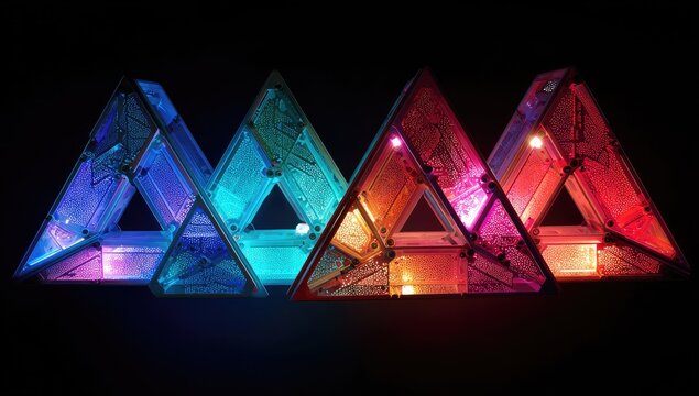 Triangular illuminated structures on dark background