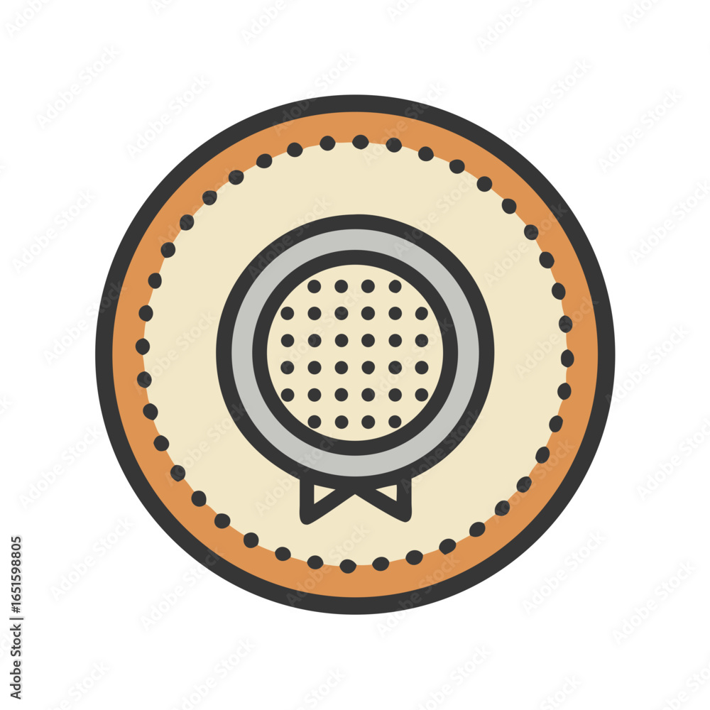 Poster stylized illustration of a circular object with grid pattern inside and decorative border