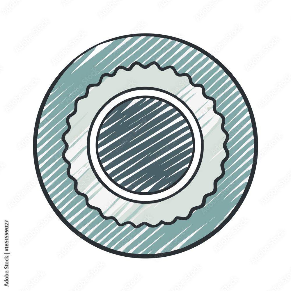 Poster stylized circular graphic element with layered design and hatching effects against black background
