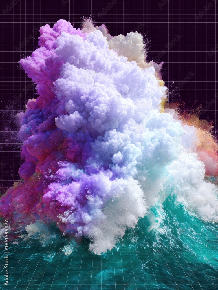 Poster colorful explosion of clouds and spray over a digital grid background with vibrant hues in a creativ