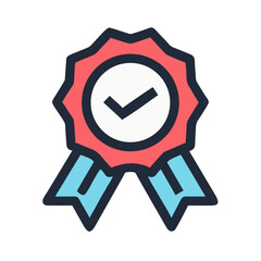 Flat vector illustration of a checkmark ribbon icon isolated on a black background.