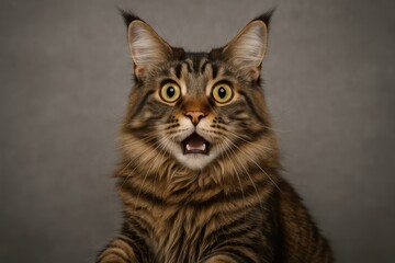 Obraz premium Surprised Maine Coon cat with expressive eyes and playful personality on modern background