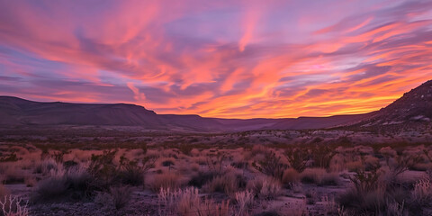 Sunset over desert landscape with vibrant sky
