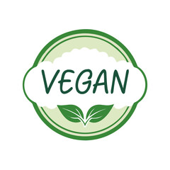 Vector vegan badge with green leaves and rounded elements, set against black