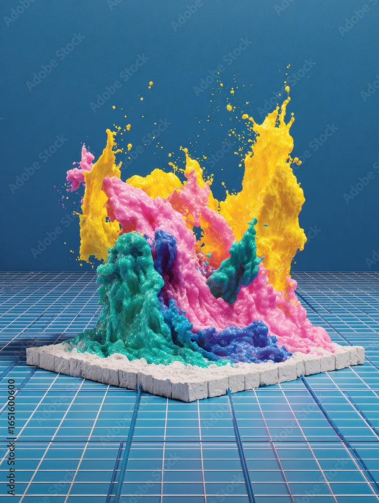Poster colorful splashes of vibrant powder creating dynamic patterns on a textured blue surface during a cr