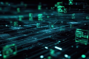 Abstract digital network of glowing icons