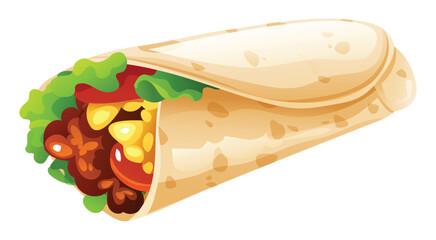 Delicious burrito filled with meat, rice, beans, and fresh lettuce in a tortilla wrap. Vector cartoon illustration