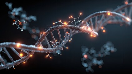 DNA helix with glowing molecules. Abstract scientific image