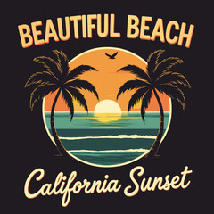 Vintage beach sunset vector illustration with palm trees, ocean stripes, retro typography, and California summer design