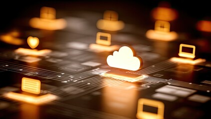 Abstract computer circuit board with glowing cloud and icons
