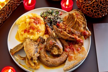 Traditional rustic Brazilian food, guinea fowl, Numida meleagris, with polenta, artisanal bread,...