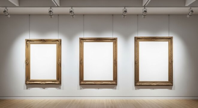 Three empty picture frames hang on a white wall in an art gallery, illuminated by spotlights, above a wooden floor.