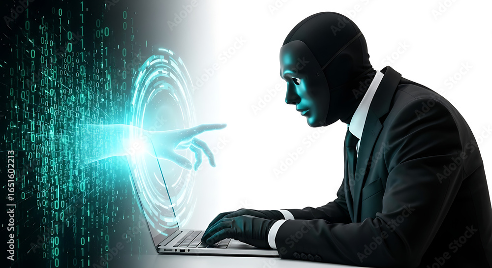 Poster hacker in mask typing on laptop with ai hand