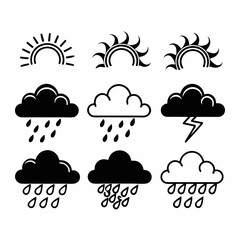 Set of weather icons isolated on white background, including sun, cloud, rain, lightning, and storm symbols in vector format
