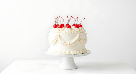 Naklejka premium A white cake with cherries on a cake stand