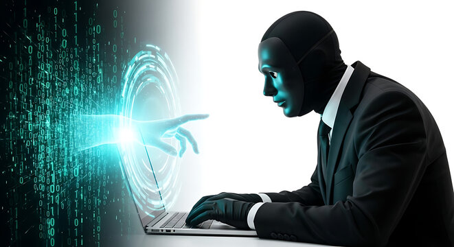 Hacker in mask typing on laptop with ai hand
