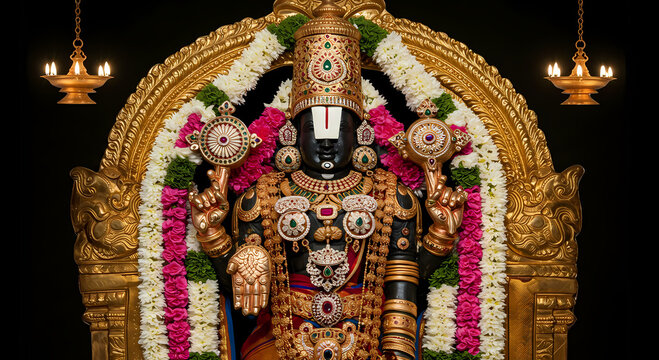 Detailed Close-up of Lord Vishnu's Statue, Ornate with Jewels and Flowers