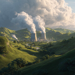Fototapeta premium “Industrial Factory with Smokestacks Emitting Pollution into the Sky, Environmental Impact and Air Pollution Concept”
