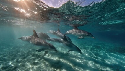 Obraz premium Dolphins swimming in shallow, clear turquoise water