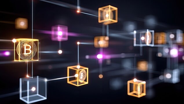 Digital network of interconnected cubes, glowing with cryptocurrency symbols
