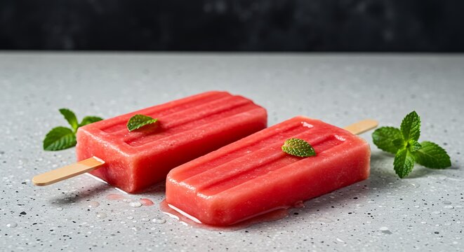Homemade frozen strawberry ice cream popsicles and fresh strawberries on a concrete background. Summer dessert