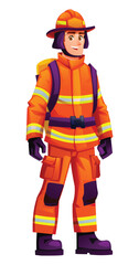 Firefighter stands ready to perform his duties, wearing a uniform, helmet, and equipment to ensure safety. Vector cartoon character illustration