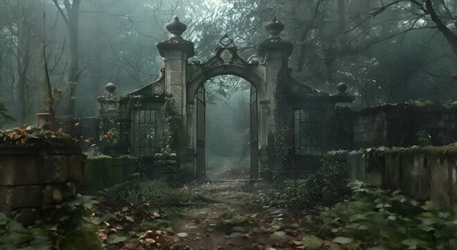 Mysterious Stone Gate in a Foggy Forest Path