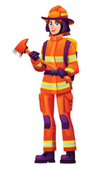 Female firefighter holds an axe, a tool used for breaking down doors and windows during rescue operations. Vector cartoon character illustration