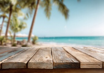 Fototapeta premium Wooden table on a beach. Blurred tropical scenery