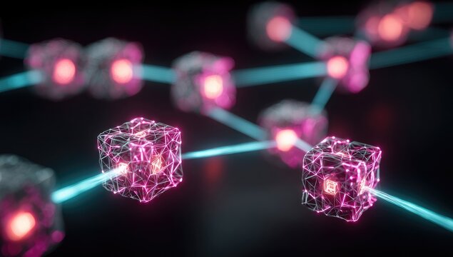 Abstract network of glowing cubes.  Connections illuminate