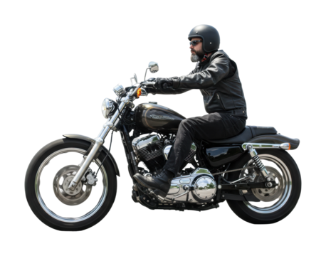 Motorcycle ride adventure open road action shot urban environment side freedom concept isolated on transparent background