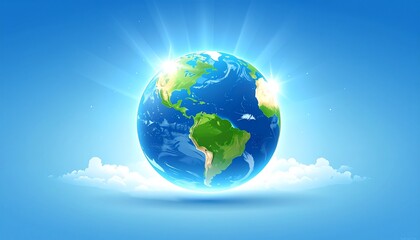 Naklejka premium Glowing Earth with Sunbeams and Clouds against a Blue Sky - A Symbol of Hope and the Planet's Future