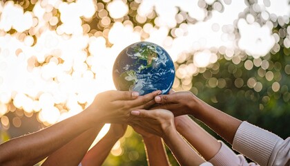 Collective responsibility Diverse hands joining together to protect and sustain our planet Earth for a better future.