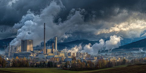 “Industrial Factory with Smokestacks Emitting Pollution into the Sky, Environmental Impact and Air Pollution Concept”