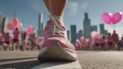 Close-up of runner foot stepping onto path decorated with pink flower petals. Sunny spring outdoor setting. Represents Breast Cancer Awareness run, vibrant colors, promotes wellness, active