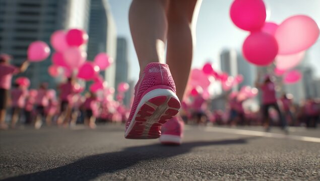 Close-up of runner foot stepping onto path decorated with pink flower petals. Sunny spring outdoor setting. Represents Breast Cancer Awareness run, vibrant colors, promotes wellness, active