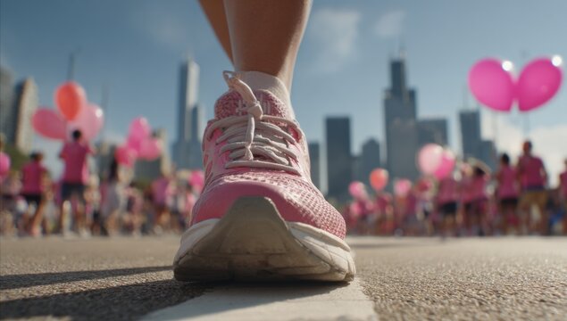 Close-up of runner foot stepping onto path decorated with pink flower petals. Sunny spring outdoor setting. Represents Breast Cancer Awareness run, vibrant colors, promotes wellness, active