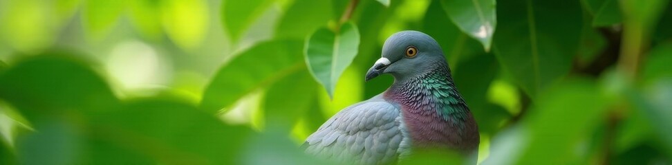 Fototapeta premium Grey pigeon nestled in green tree foliage, close-up view, calm, grey, photo
