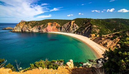 Fototapeta premium Scenic coastal view of a bay with a sandy beach.