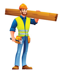 Bearded male builder carrying a large wooden plank on his shoulder. Vector cartoon character illustration