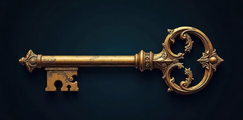 Hand-drawn vector key, elaborate crown etching, dark background, ornate, security