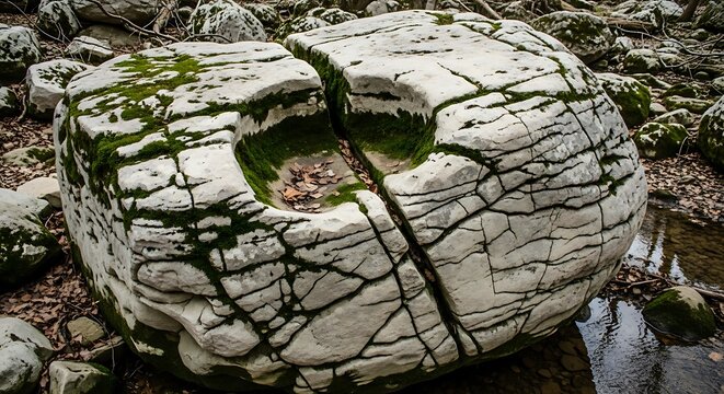 Cracked boulder with moss and water in a forest setting