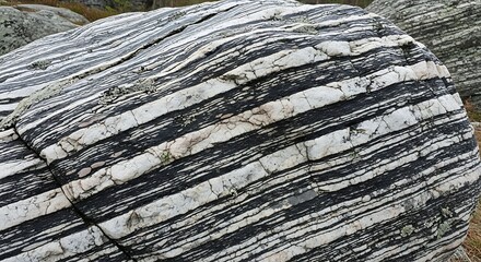 Striking gneiss rock formation with alternating light and dark bands