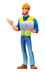 Bearded male engineer wearing a hardhat and reflective vest holding a laptop computer. Vector cartoon character illustration